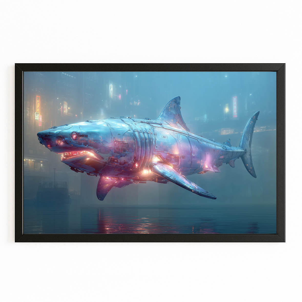 Neon Galaxy Shark Canvas – with Premium Black frame on white background