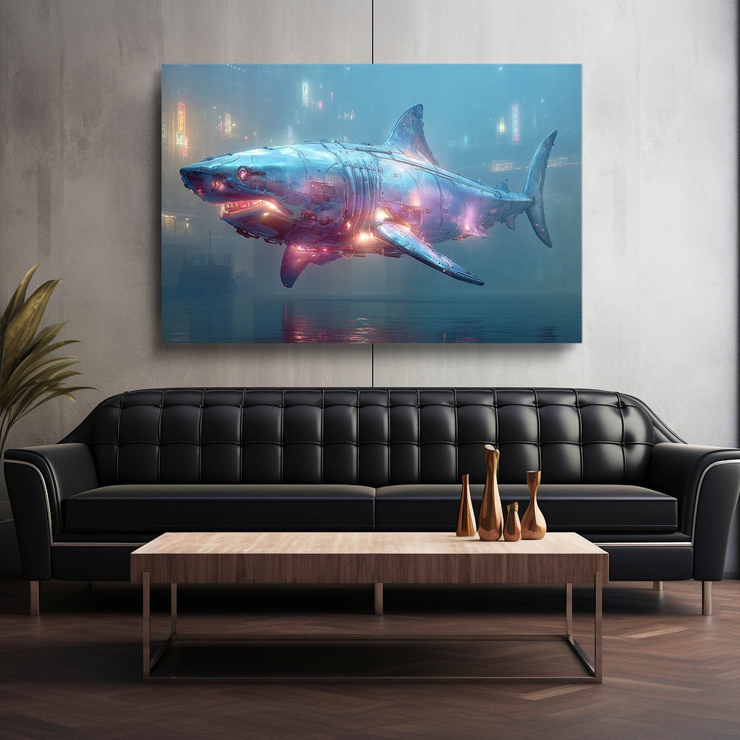 Neon Galaxy Shark Canvas – styled in a furnished interior