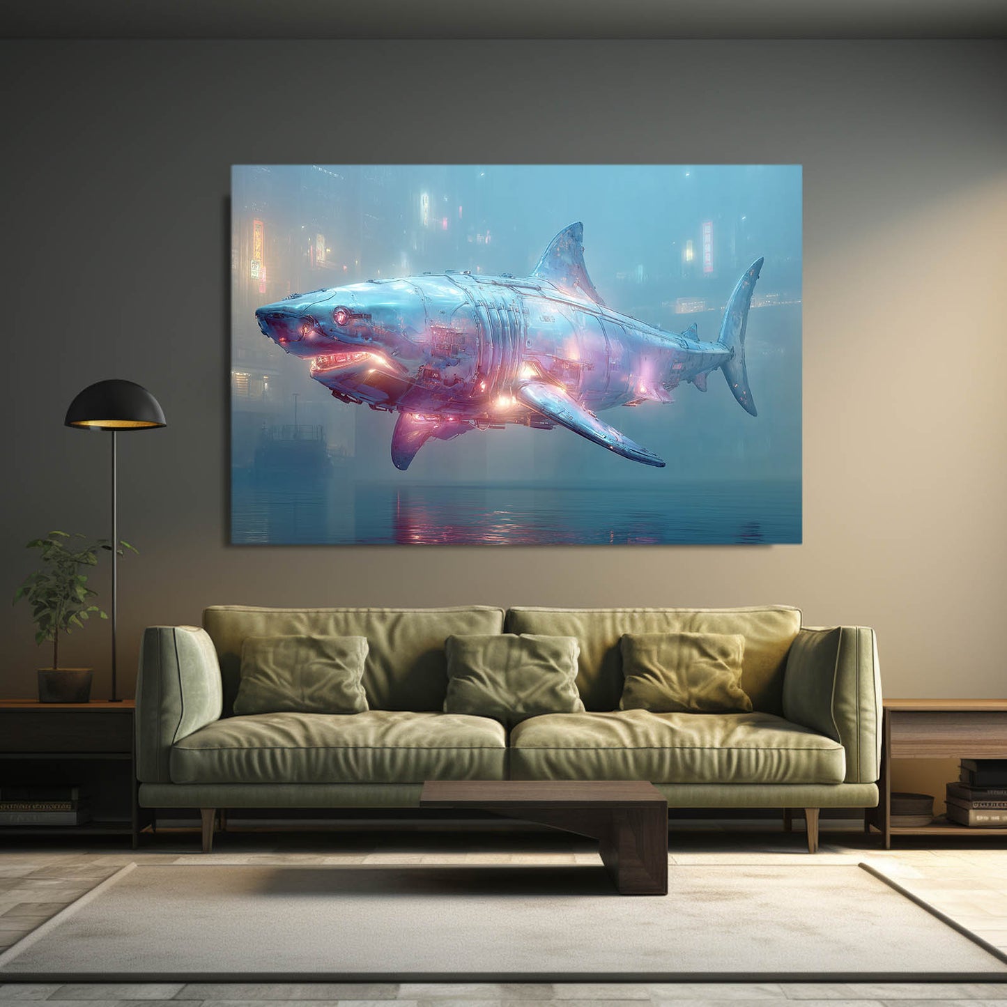 Neon Galaxy Shark Canvas – styled in a furnished interior