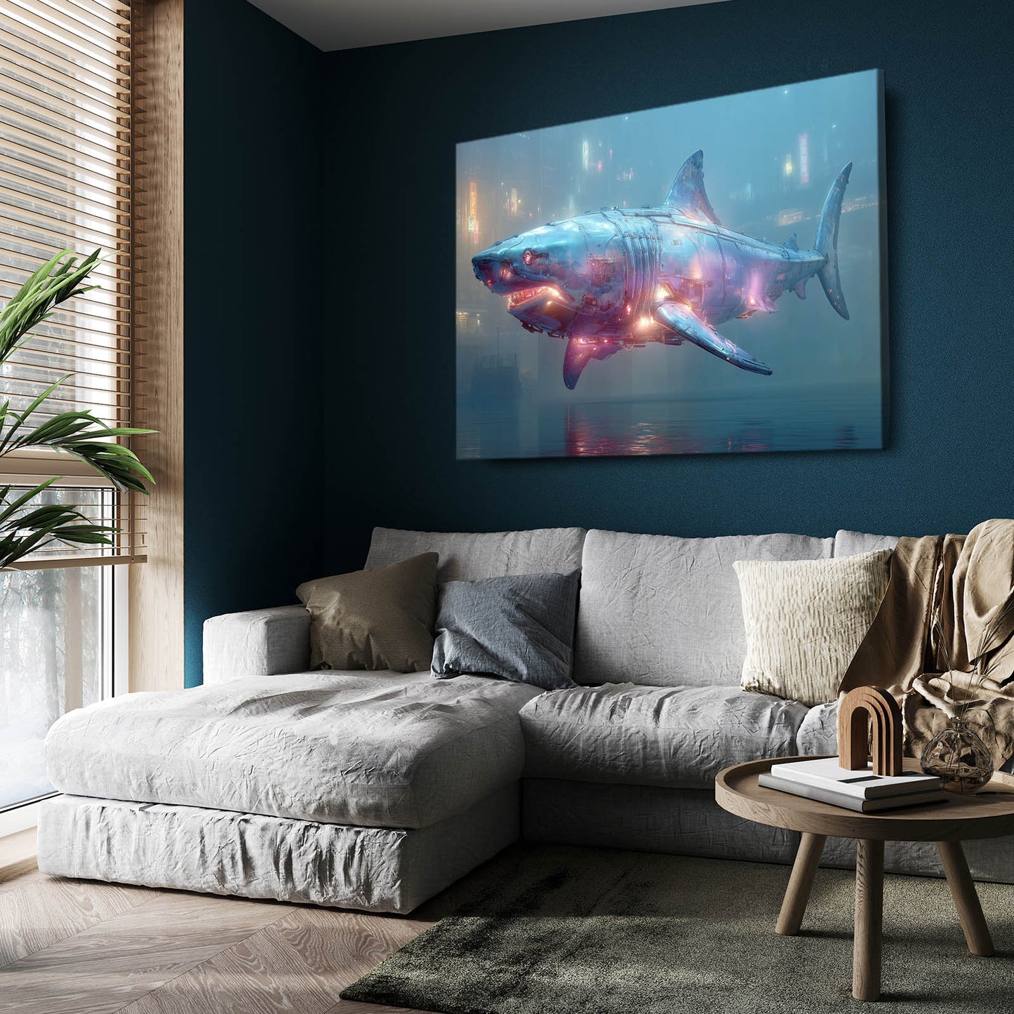 Neon Galaxy Shark Canvas – styled in a furnished interior