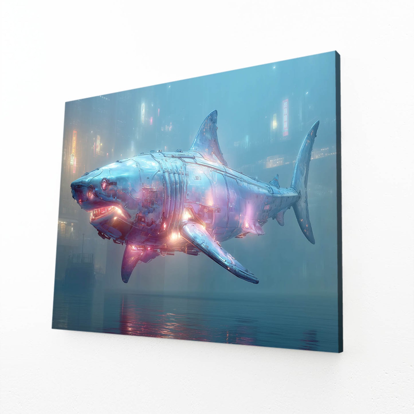 Neon Galaxy Shark Canvas – angled canvas view on white background