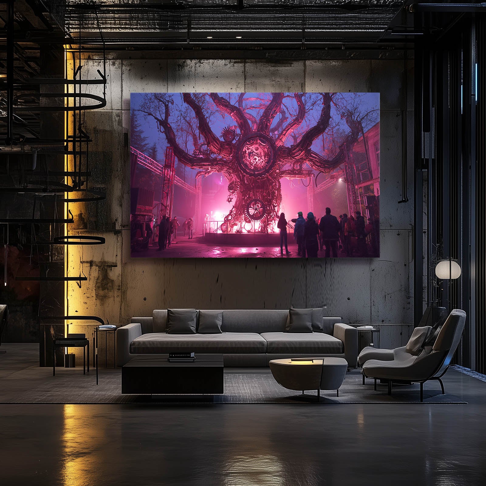 Neon Gear Tree Titan Steampunk Wall Decor – styled in a furnished interior