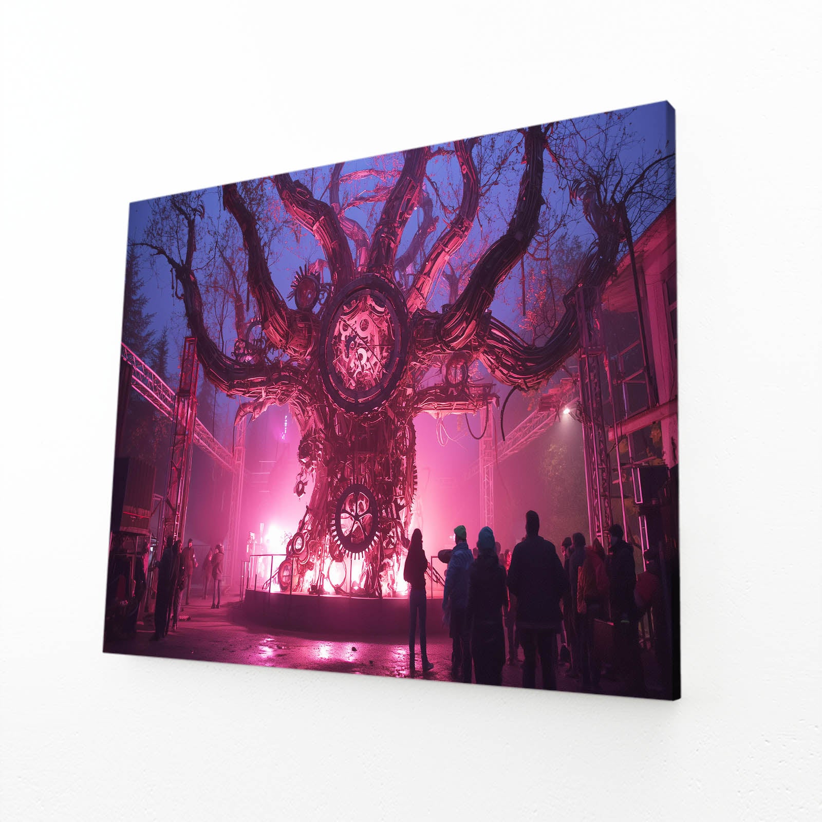 Neon Gear Tree Titan Steampunk Wall Decor – angled canvas view on white background