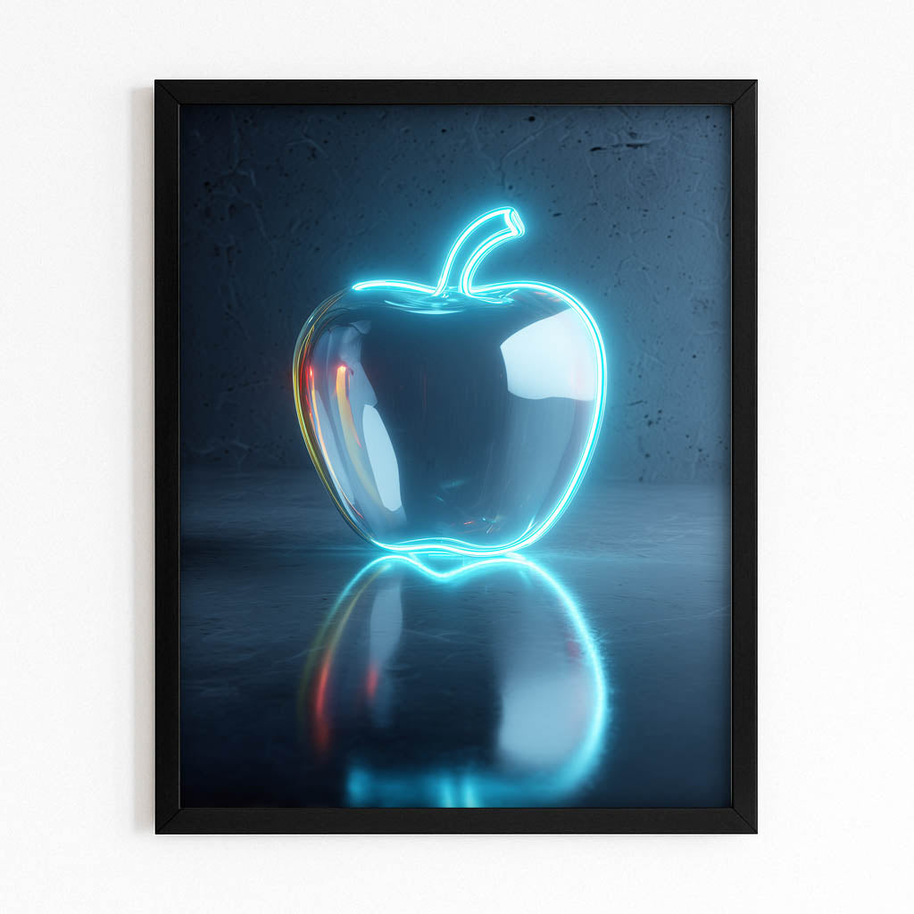 Neon Glass Apple Fruit Canvas – with Premium Black frame on white background