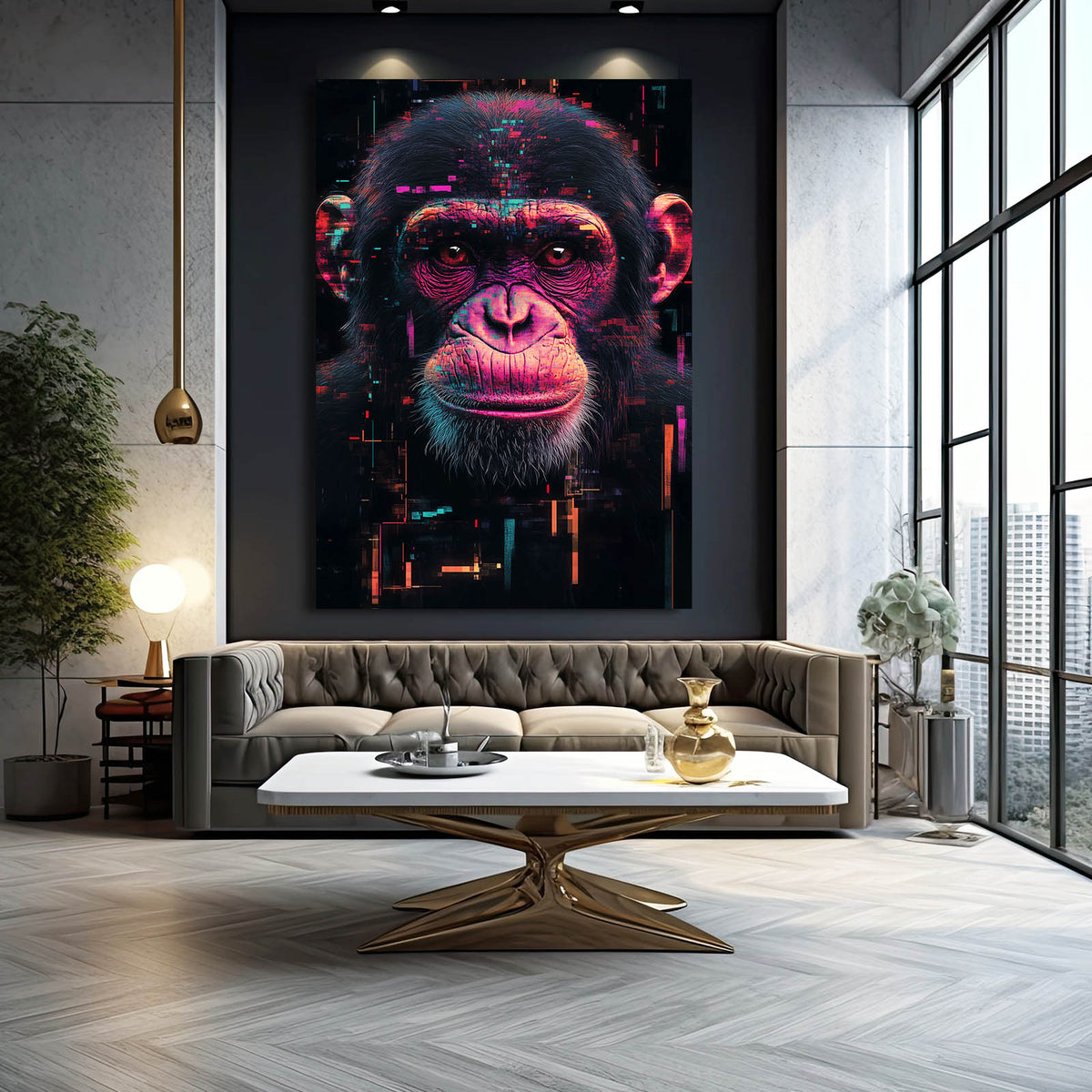Neon Glitch Shadow Monkey Prints — contemporary canvas print, styled in a furnished interior