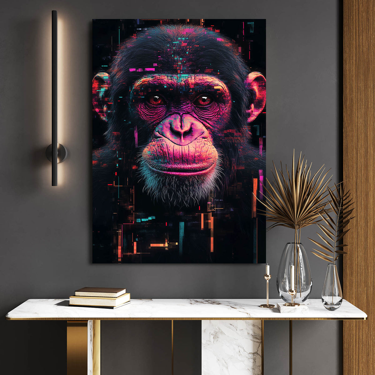 Neon Glitch Shadow Monkey Prints — contemporary canvas print, styled in a furnished interior