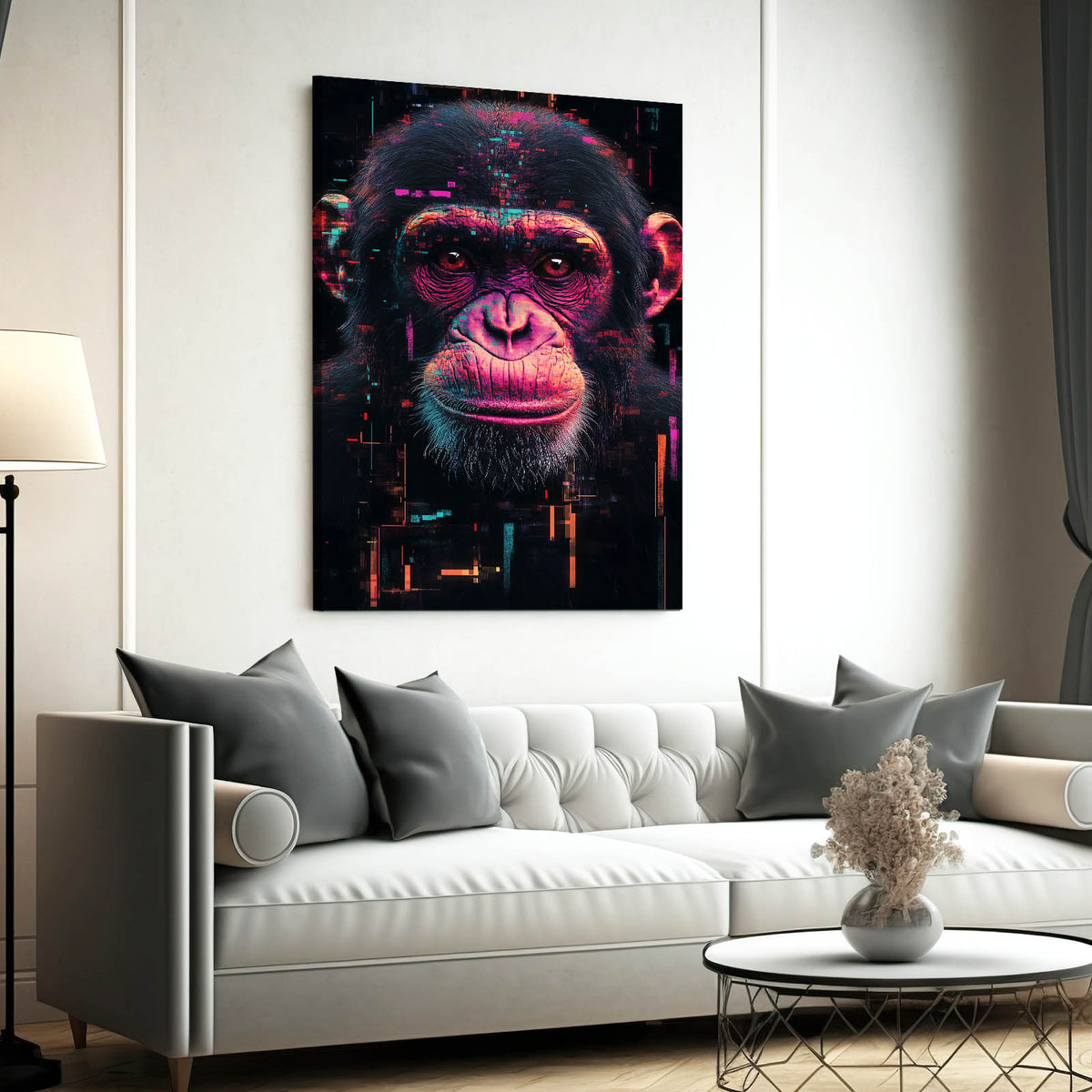 Neon Glitch Shadow Monkey Prints — contemporary canvas print, styled in a furnished interior