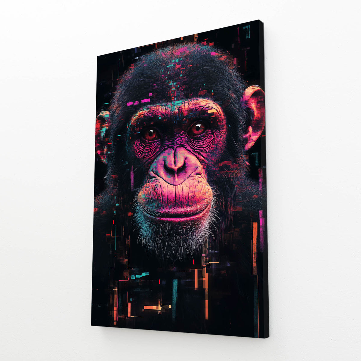 Neon Glitch Shadow Monkey Prints — contemporary canvas print, angled canvas view on white background