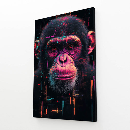 Neon Glitch Shadow Monkey Prints – angled canvas view on white background