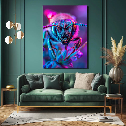 Neon Glow Bee Art — 3d canvas print in blue tones, view 3