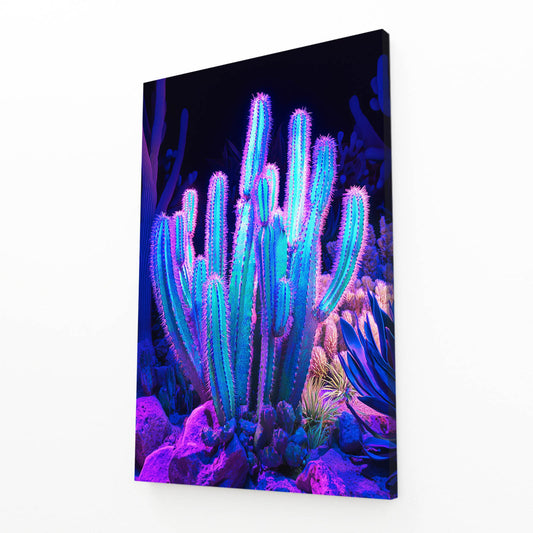 Neon Glow Cluster Cactus Wall Art – angled canvas view on white background