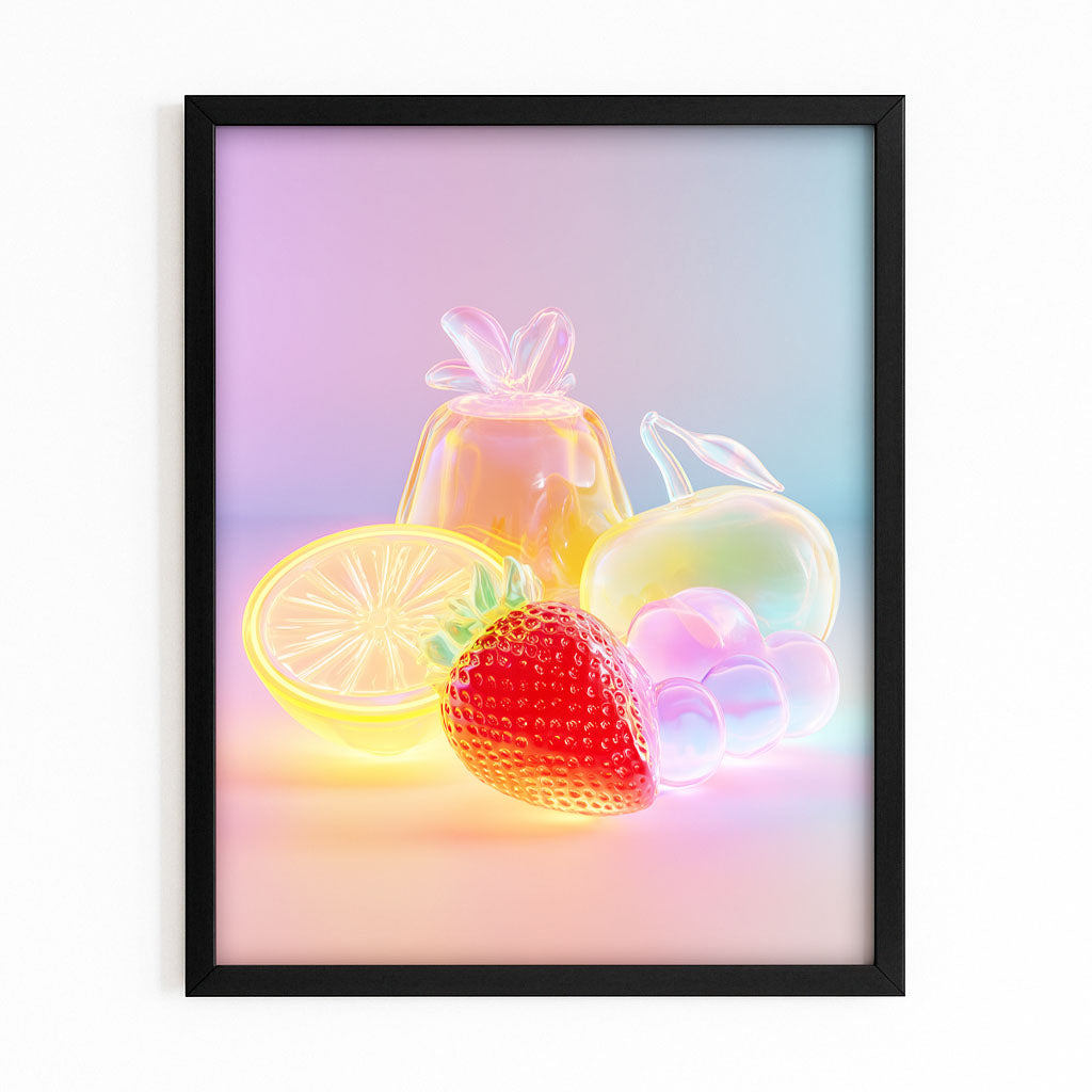 Neon Glow Fruit Prints – with Premium Black frame on white background