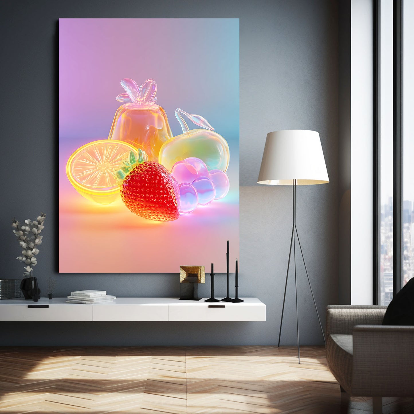 Neon Glow Fruit Prints – styled in a furnished interior