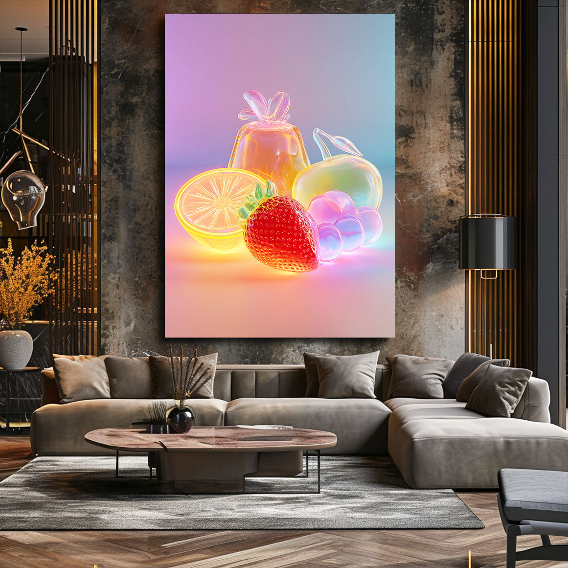 Neon Glow Fruit Prints – styled in a furnished interior