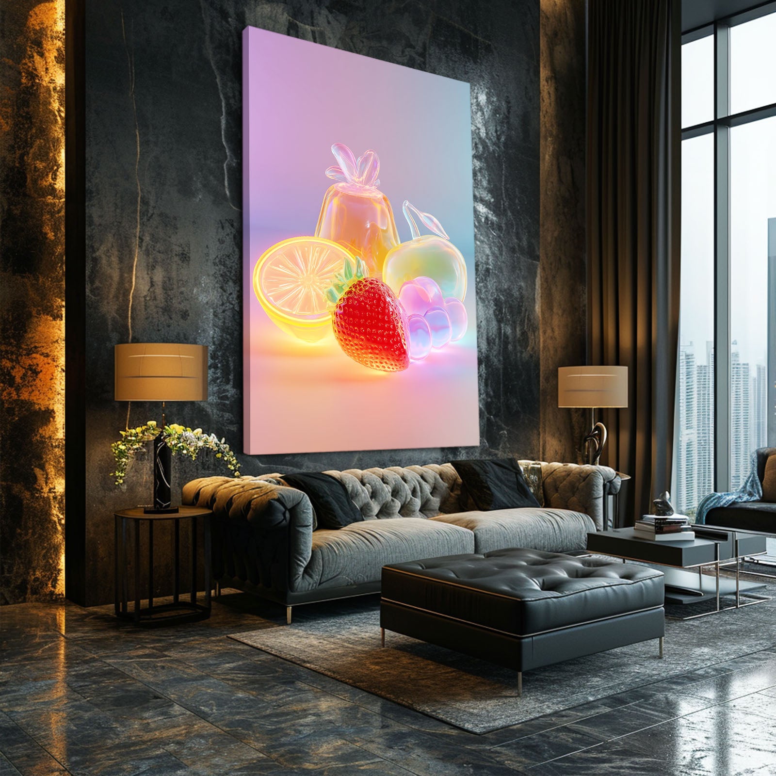 Neon Glow Fruit Prints – styled in a furnished interior