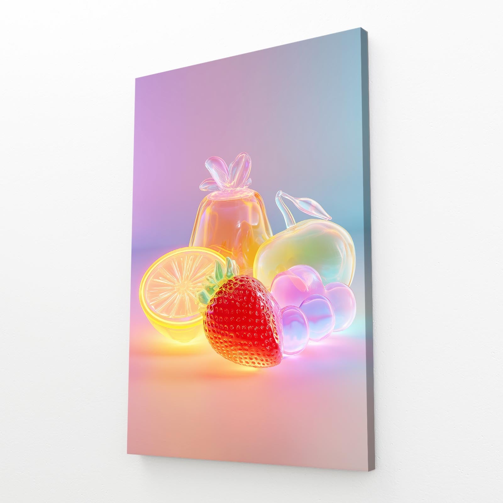 Neon Glow Fruit Prints – angled canvas view on white background