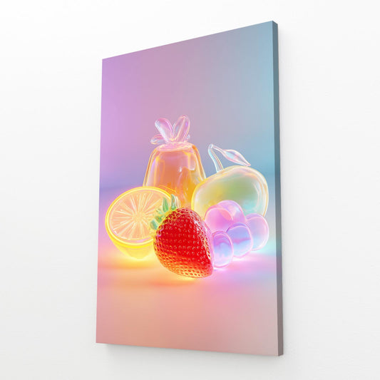 Neon Glow Fruit Prints – angled canvas view on white background