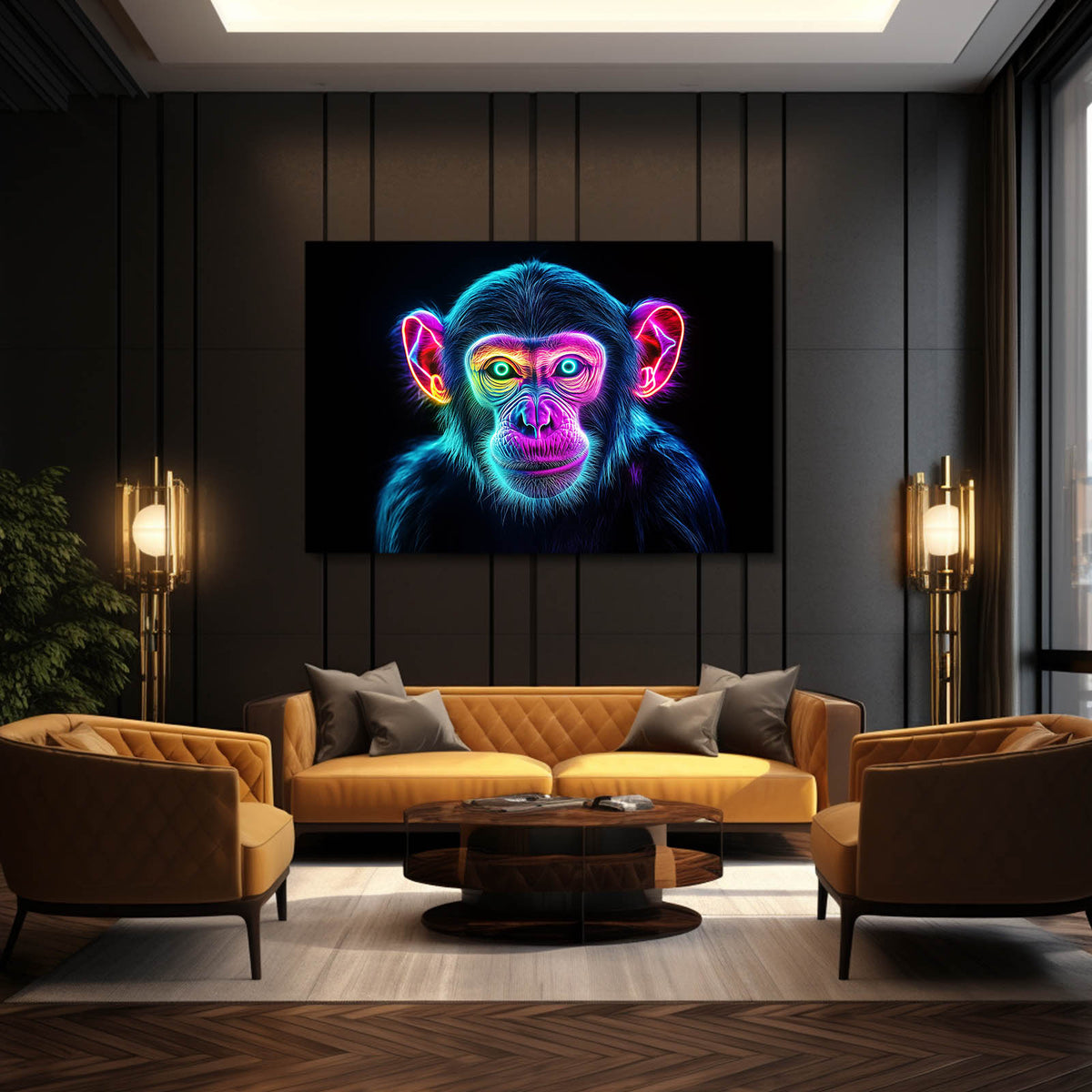 Neon Glow Outline Monkey Wall Decor — contemporary canvas print, styled in a furnished interior