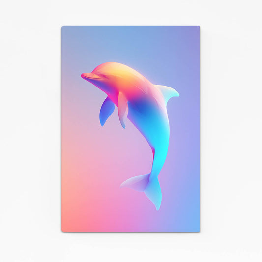 Neon Gradient Dolphin Print – neon gradient dolphin in pink, orange and blue leaping on a pastel background