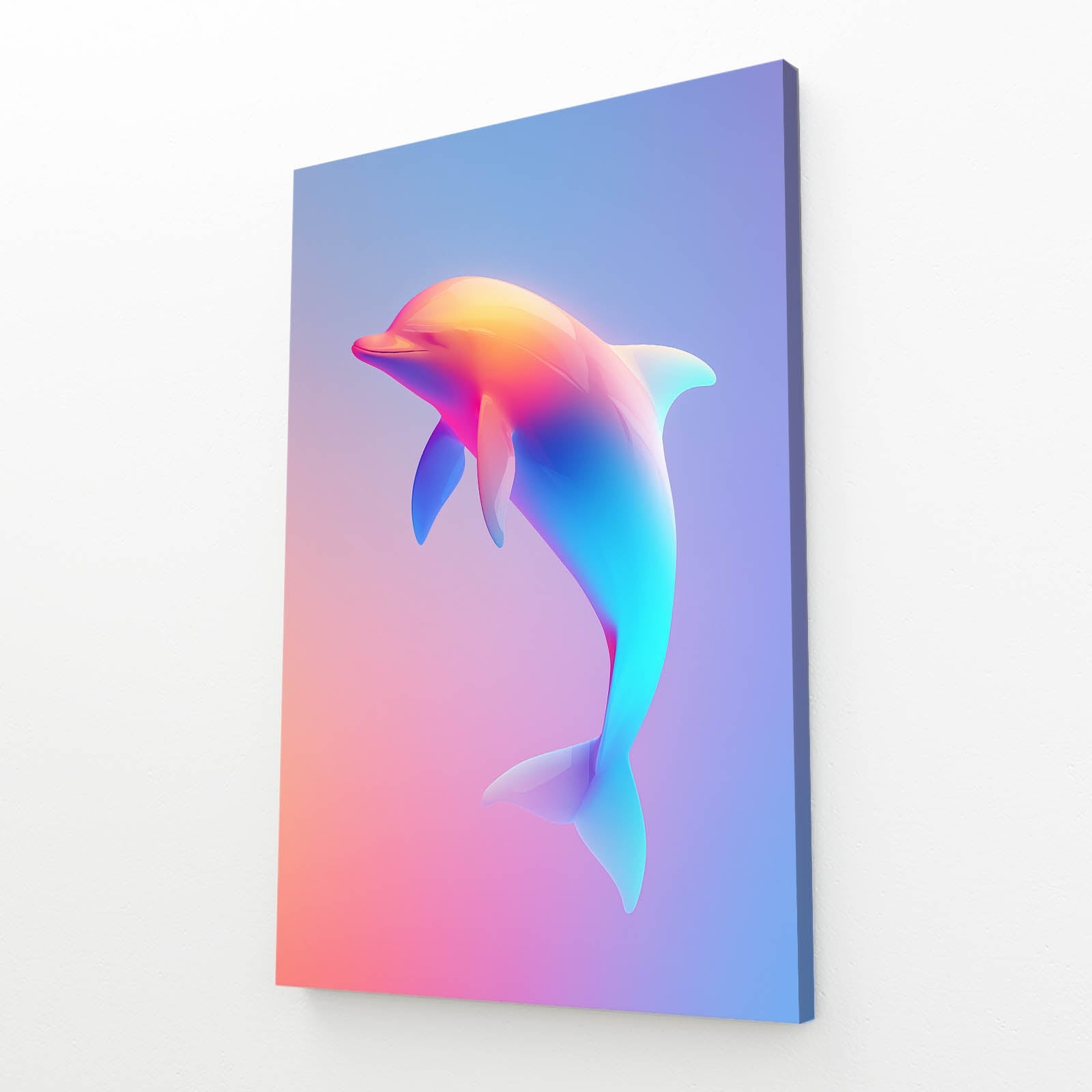 Neon Gradient Dolphin Print – angled canvas view on white background