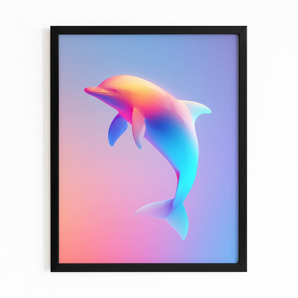 Neon Gradient Dolphin Print – with Premium Black wood frame on white background