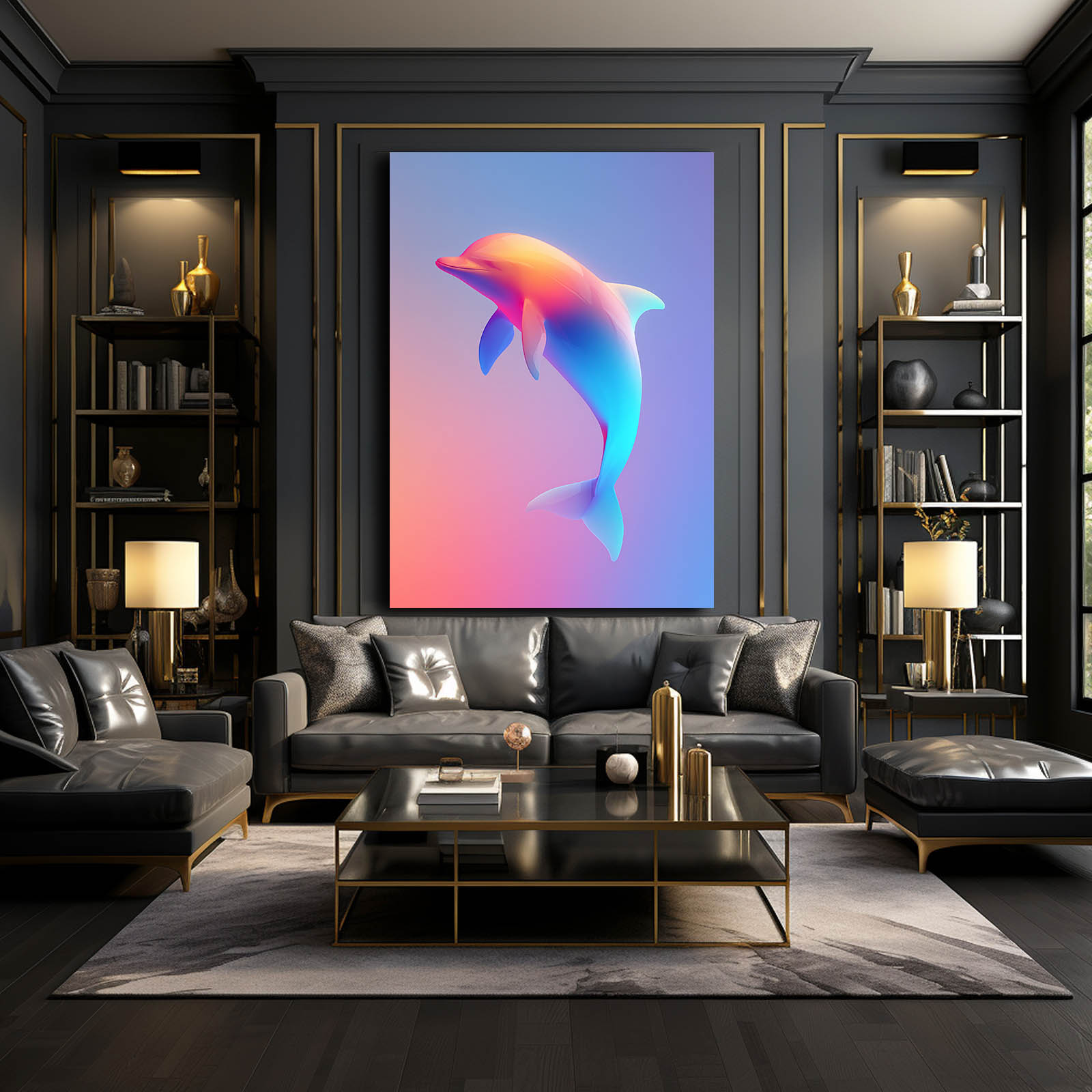 Neon Gradient Dolphin Print – styled in a furnished interior