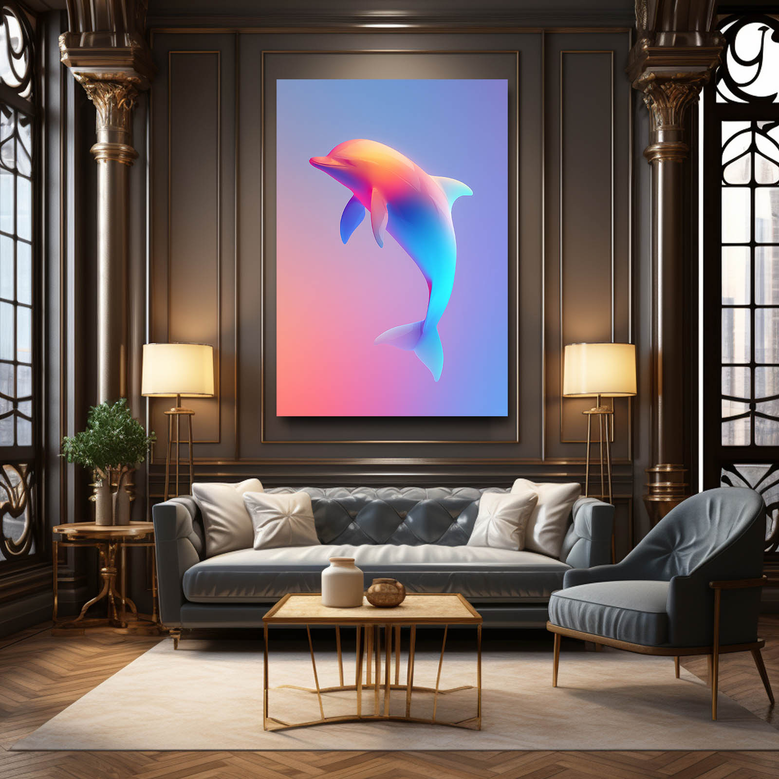 Neon Gradient Dolphin Print – styled in a furnished interior