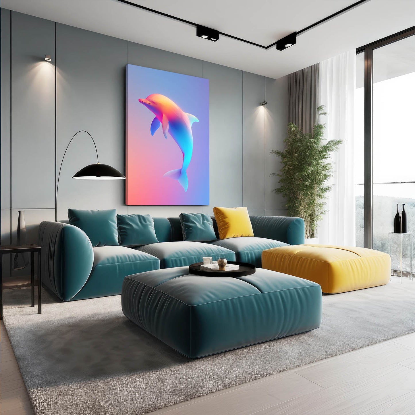 Neon Gradient Dolphin Print – styled in a furnished interior