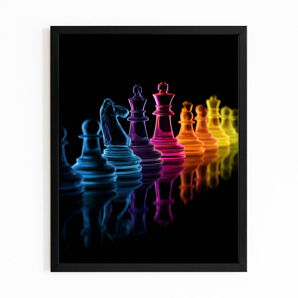 Neon Gradient Lineup Chess Wall Art – with Premium Black frame on white background