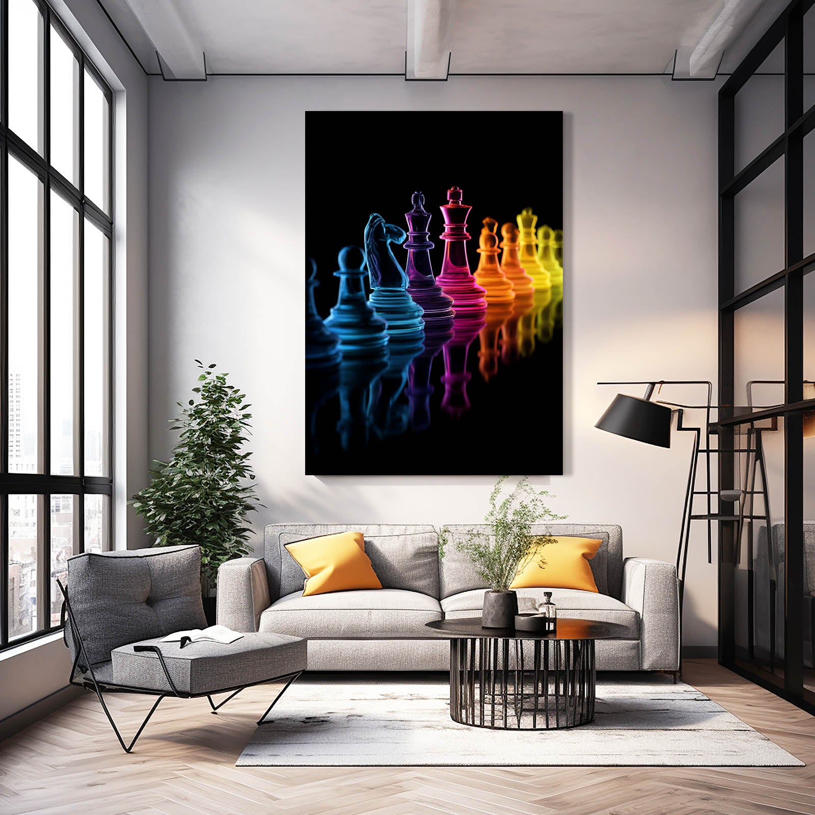 Neon Gradient Lineup Chess Wall Art – styled in a furnished interior