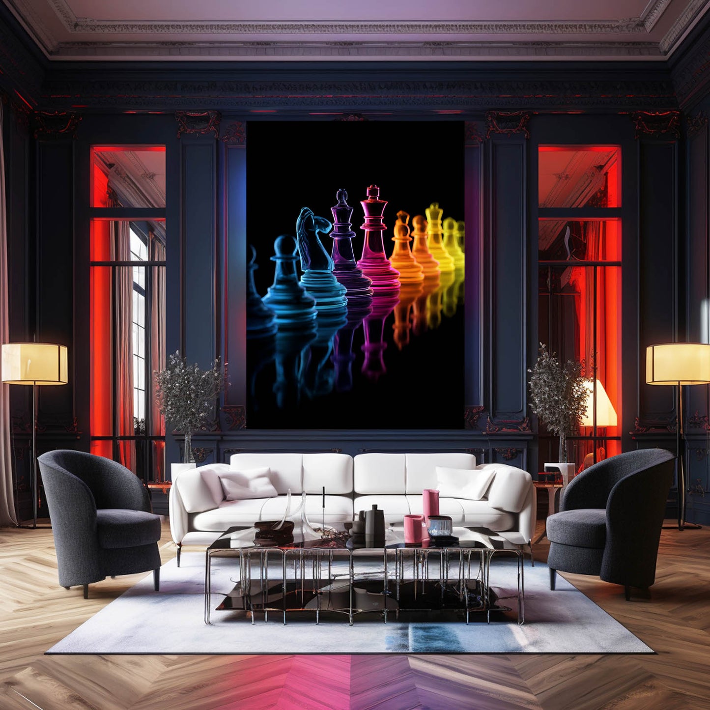 Neon Gradient Lineup Chess Wall Art – styled in a furnished interior