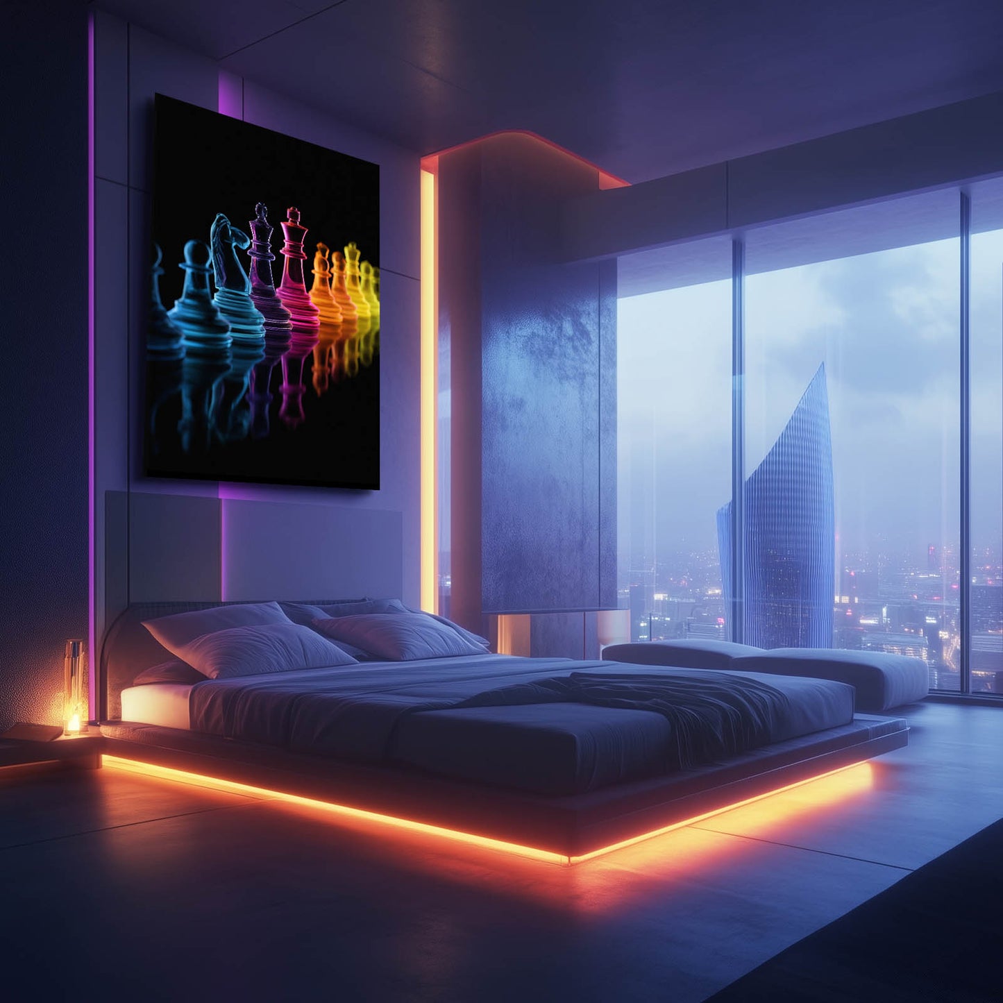 Neon Gradient Lineup Chess Wall Art – styled in a furnished interior