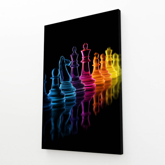 Neon Gradient Lineup Chess Wall Art – angled canvas view on white background