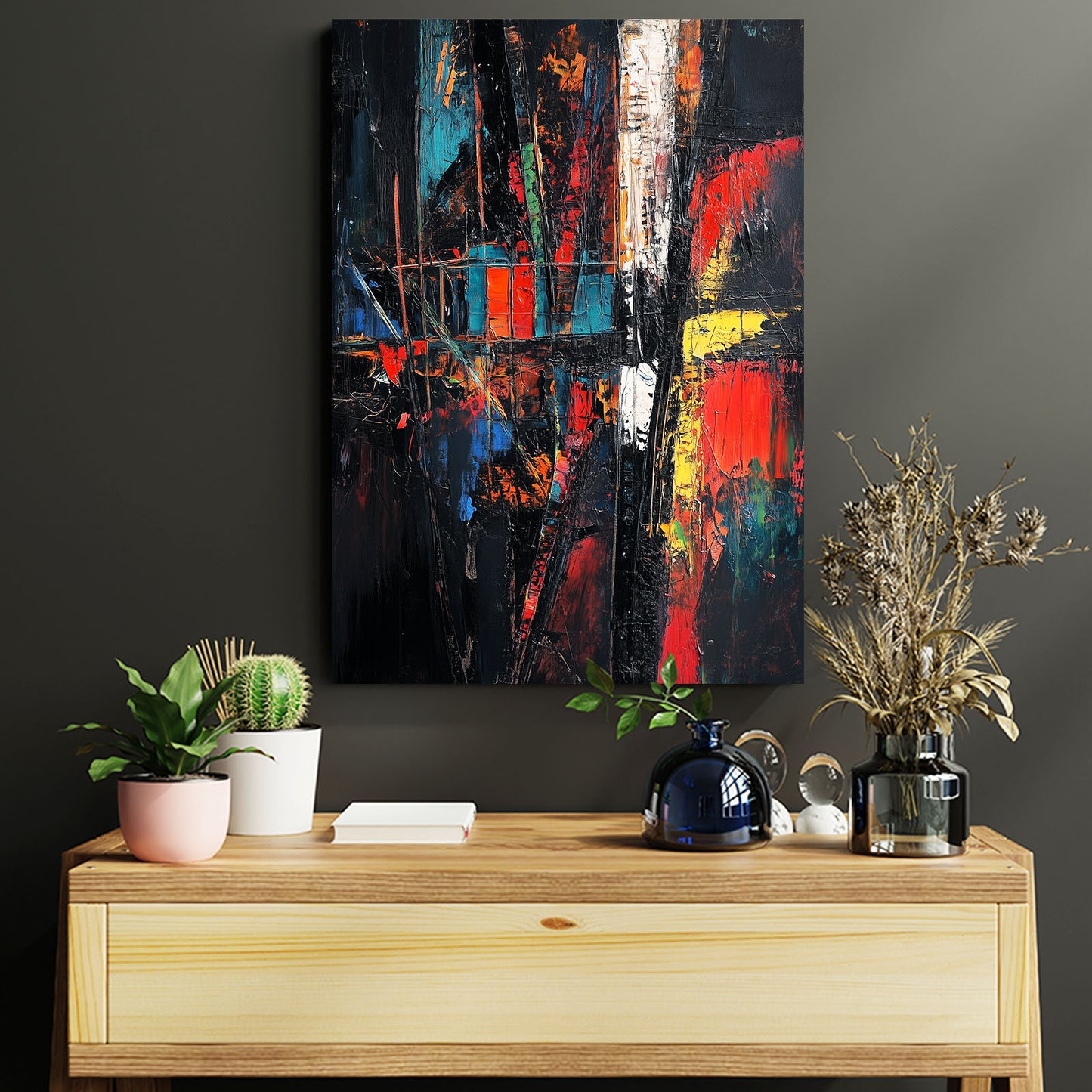 Neon Graffiti Chaos Abstract Prints – styled in a furnished interior