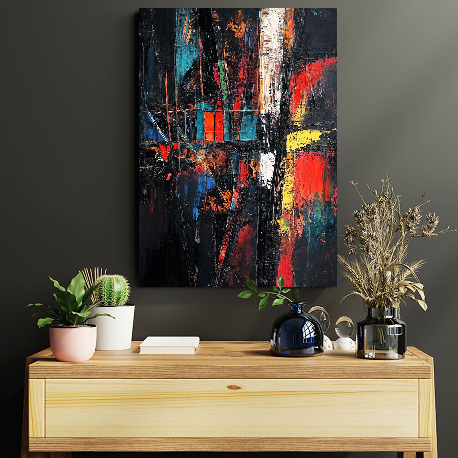 Neon Graffiti Chaos Abstract Prints – styled in a furnished interior