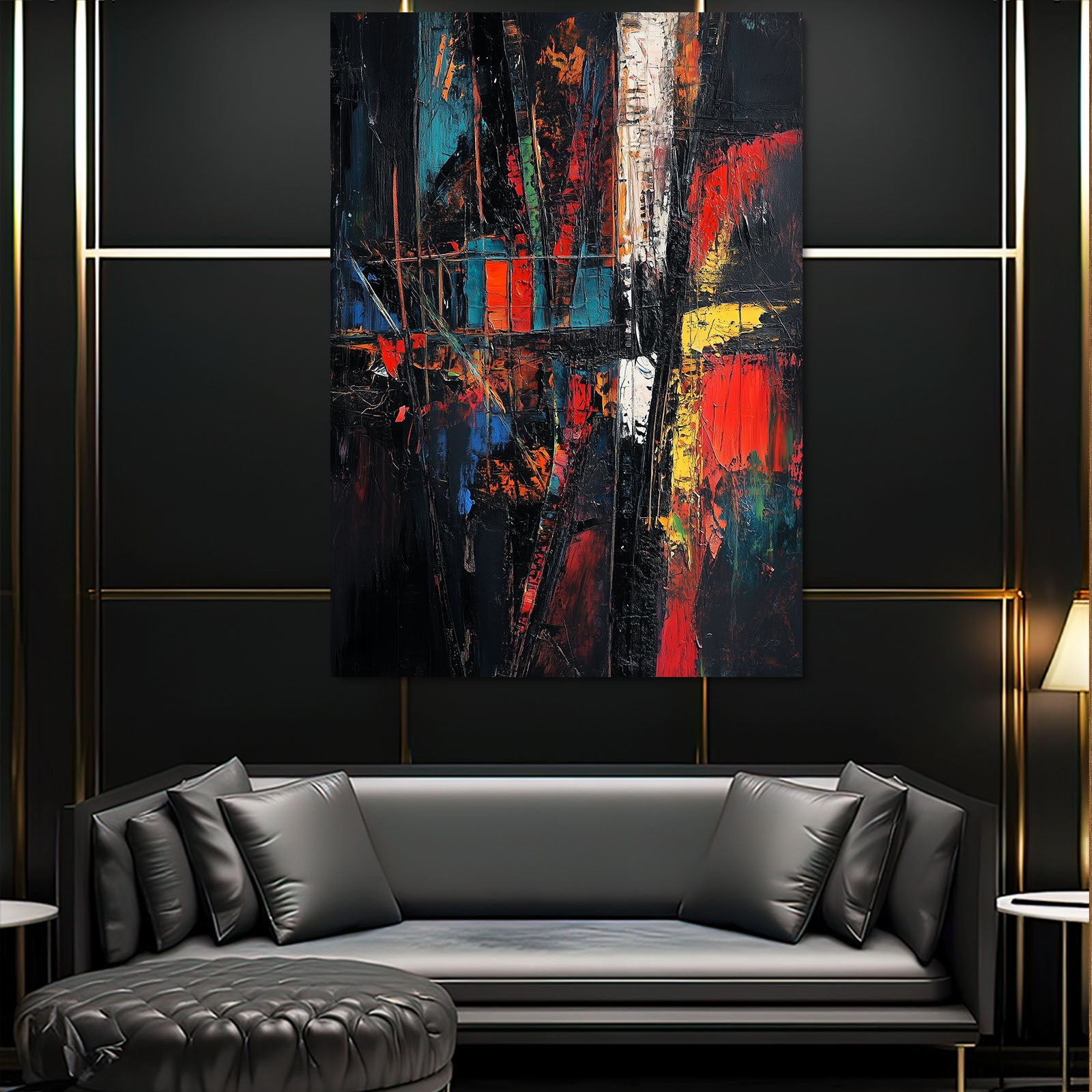 Neon Graffiti Chaos Abstract Prints – styled in a furnished interior
