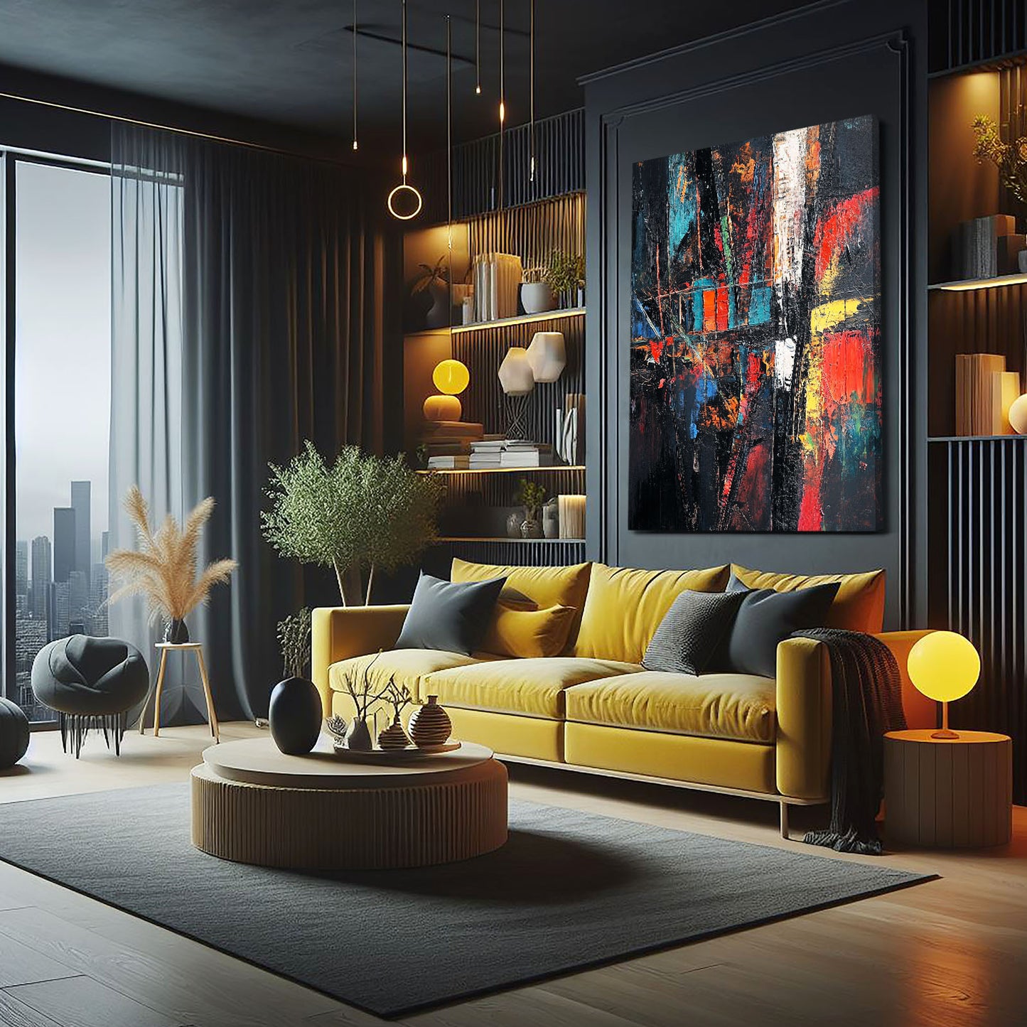 Neon Graffiti Chaos Abstract Prints – styled in a furnished interior