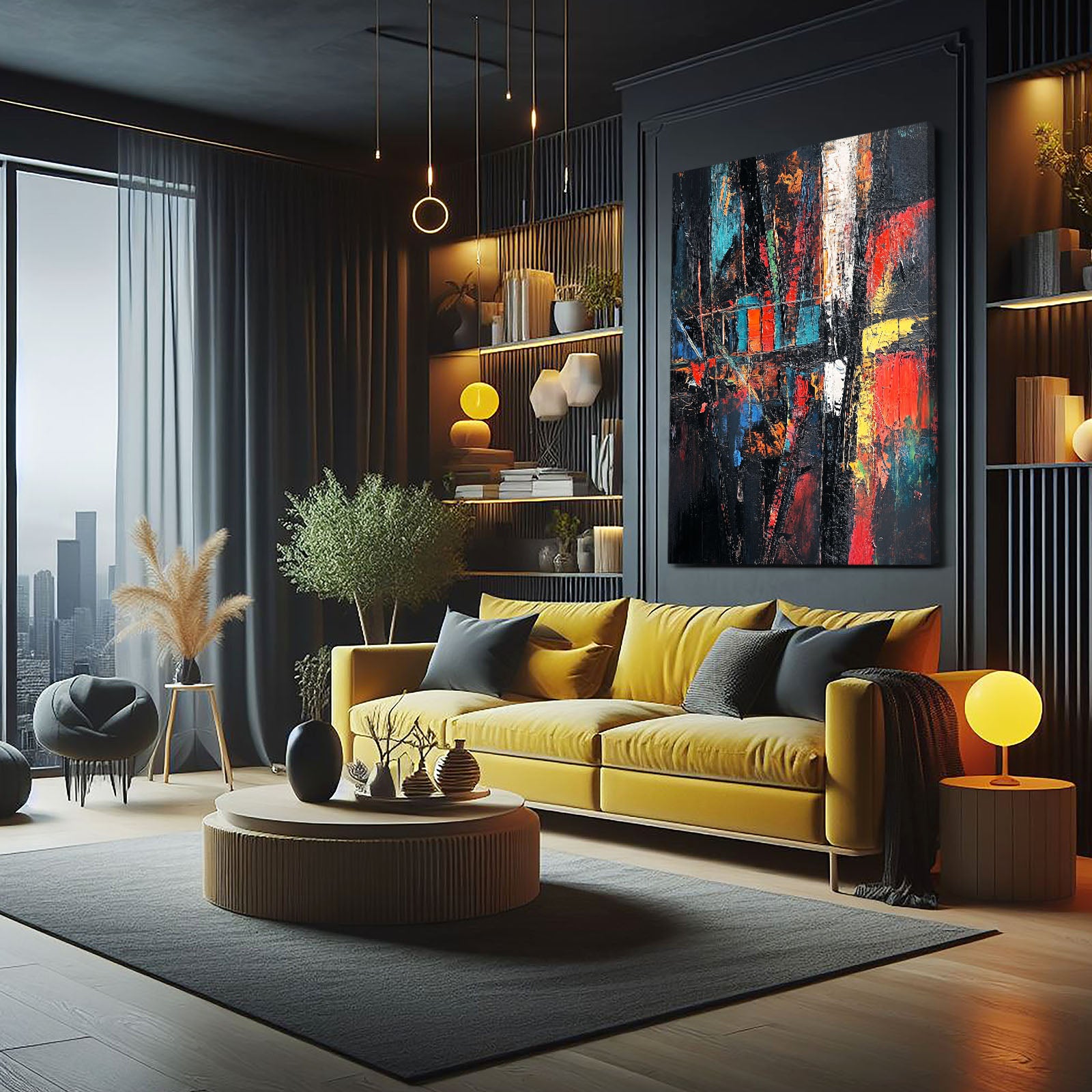 Neon Graffiti Chaos Abstract Prints – styled in a furnished interior