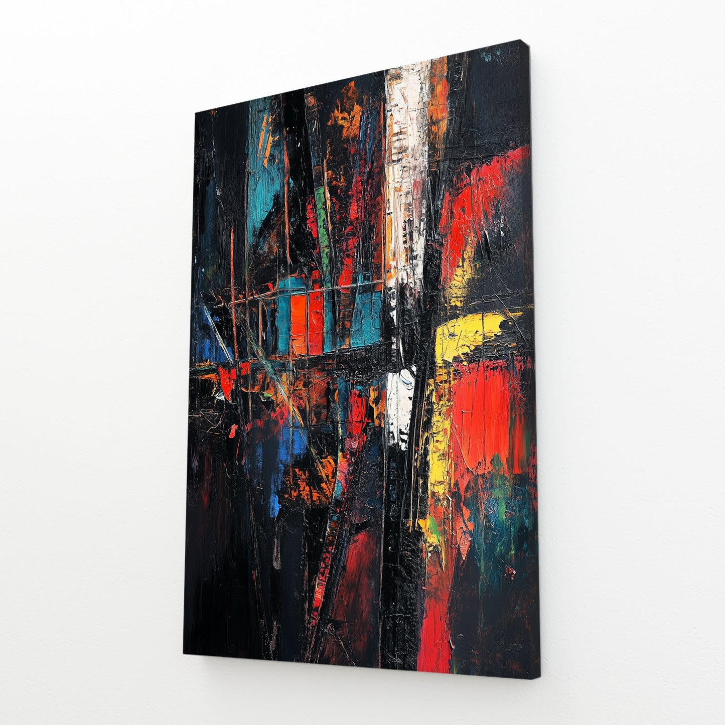 Neon Graffiti Chaos Abstract Prints – angled canvas view on white background