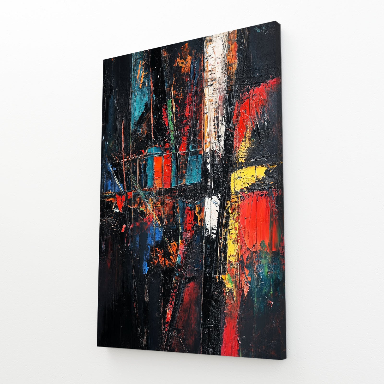 Neon Graffiti Chaos Abstract Prints – angled canvas view on white background