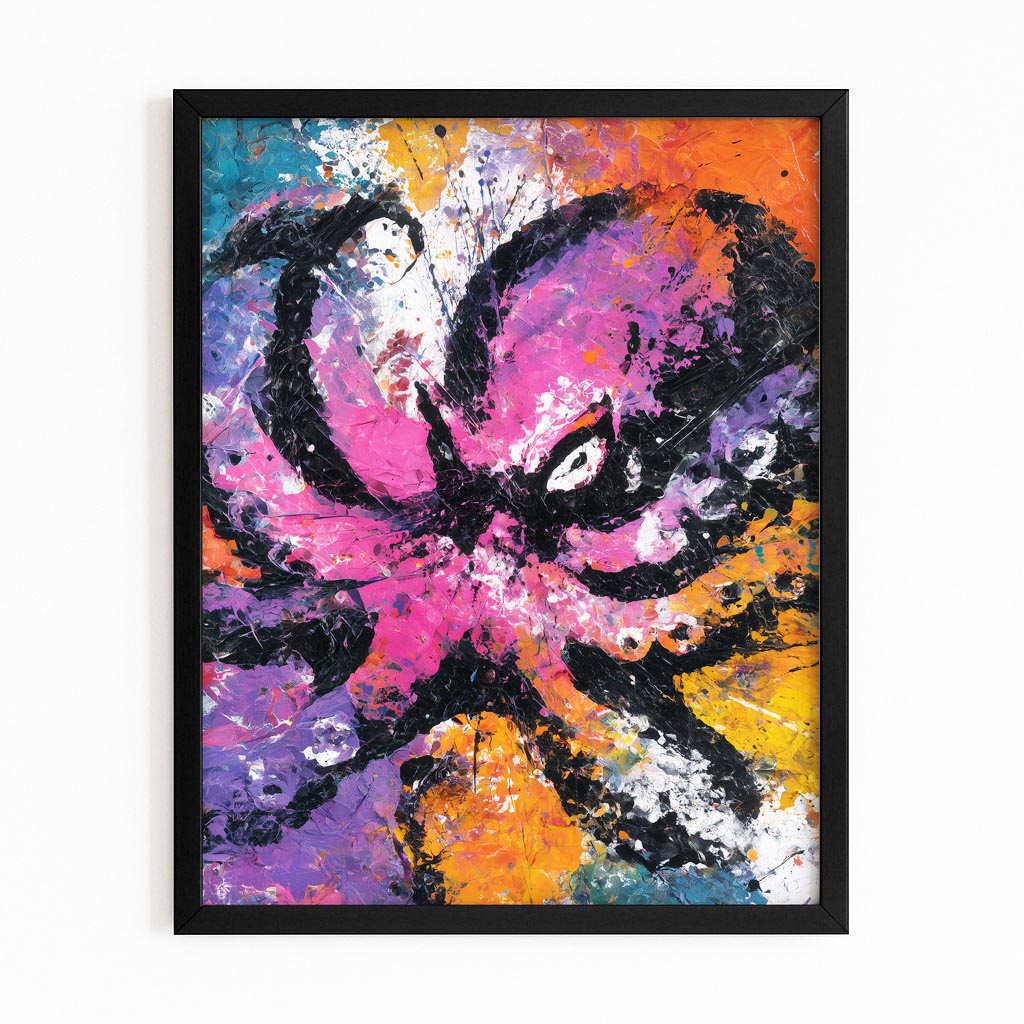 Neon Graffiti Splash Octopus Prints – with Premium Black frame on white background