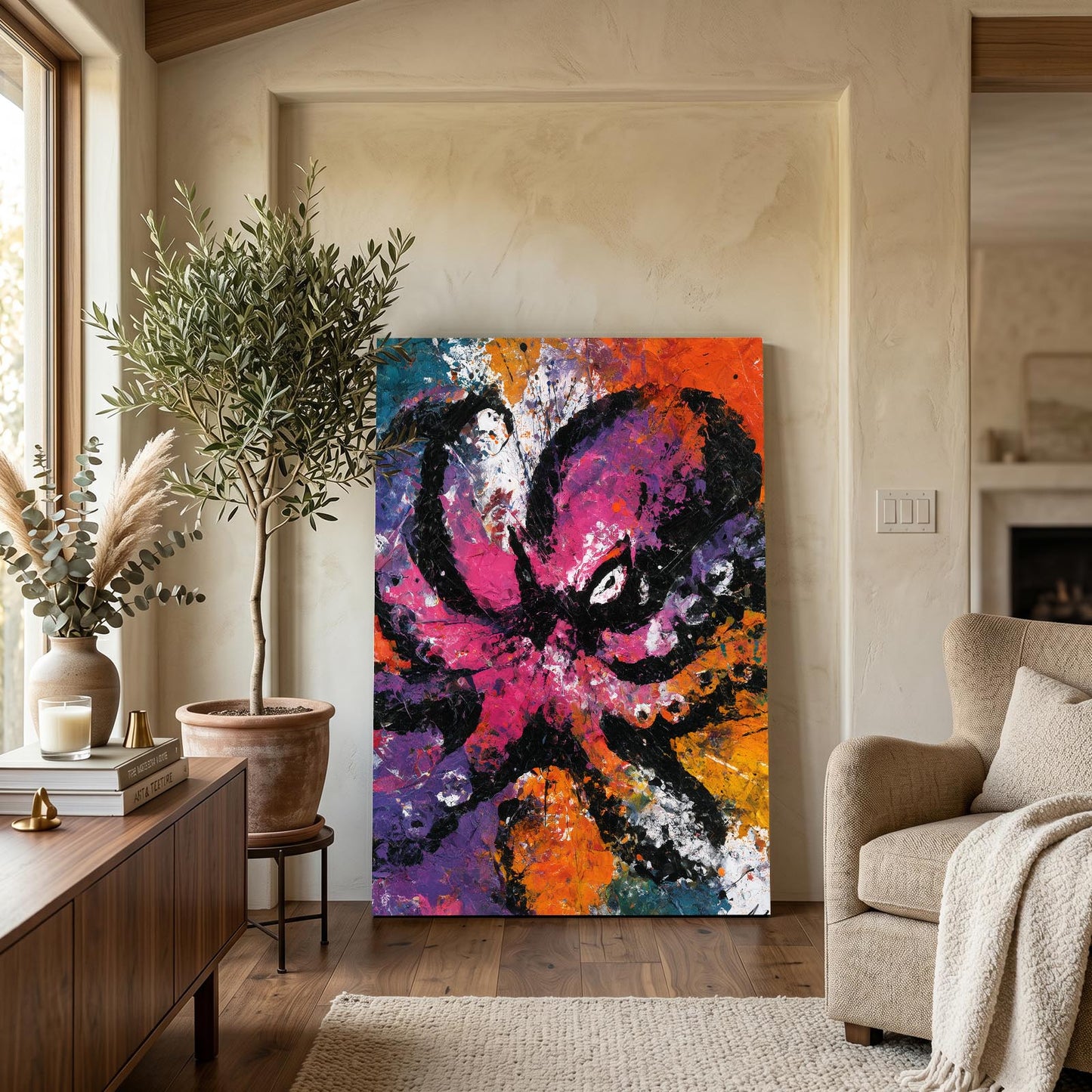 Neon Graffiti Splash Octopus Prints – styled in a furnished interior
