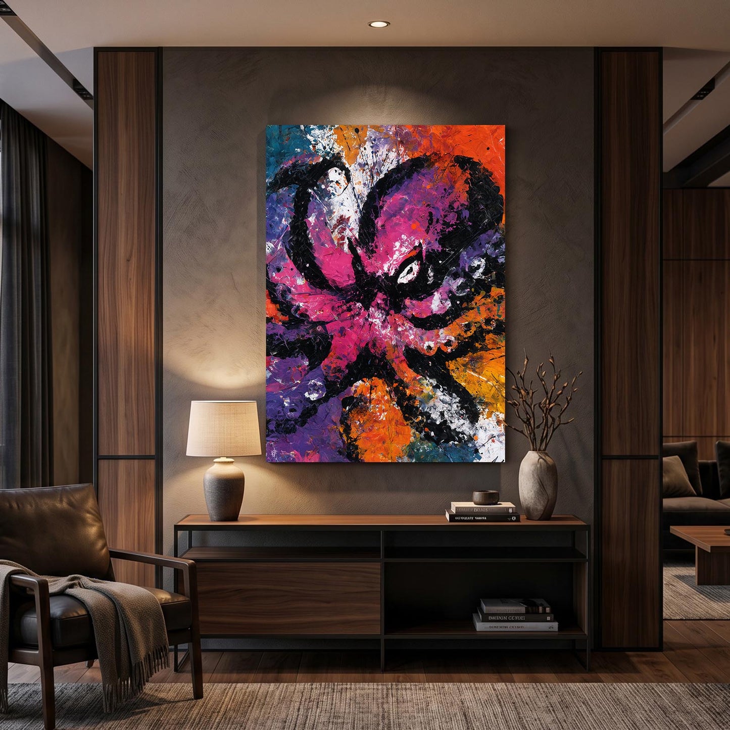 Neon Graffiti Splash Octopus Prints – styled in a furnished interior