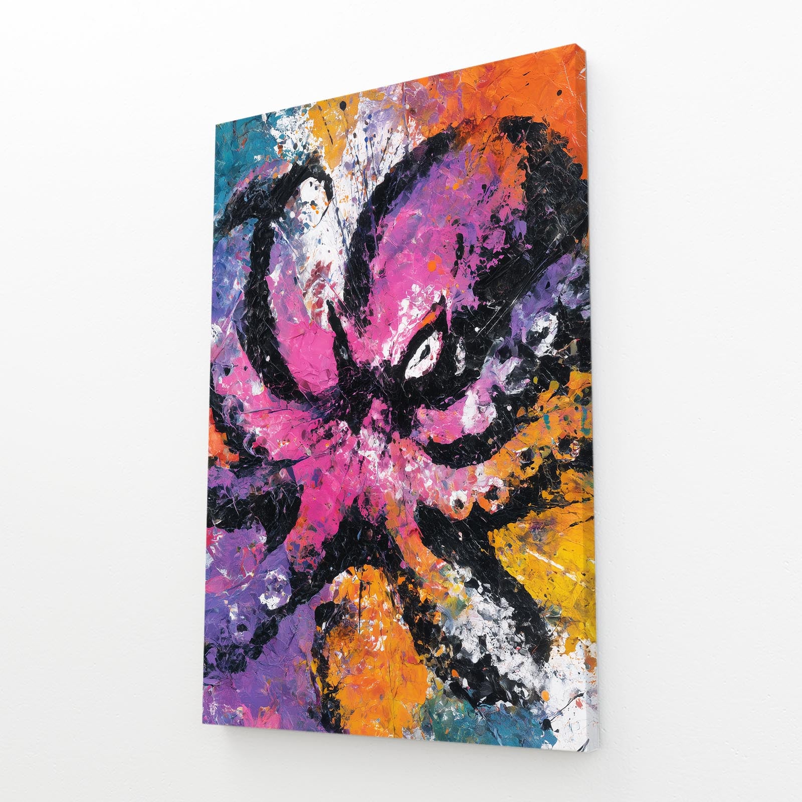 Neon Graffiti Splash Octopus Prints – angled canvas view on white background
