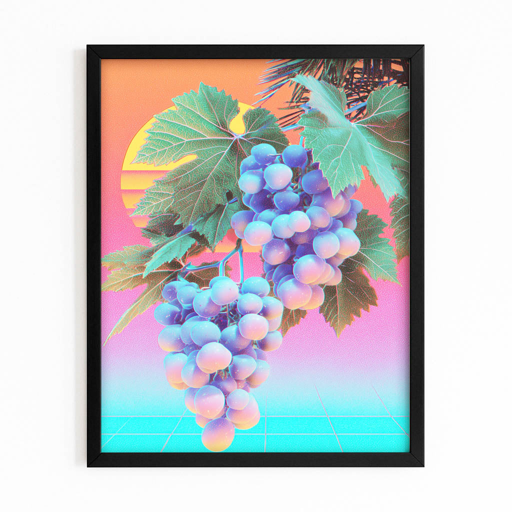 Neon Grape Bunch Fruit Canvas – with Premium Black frame on white background