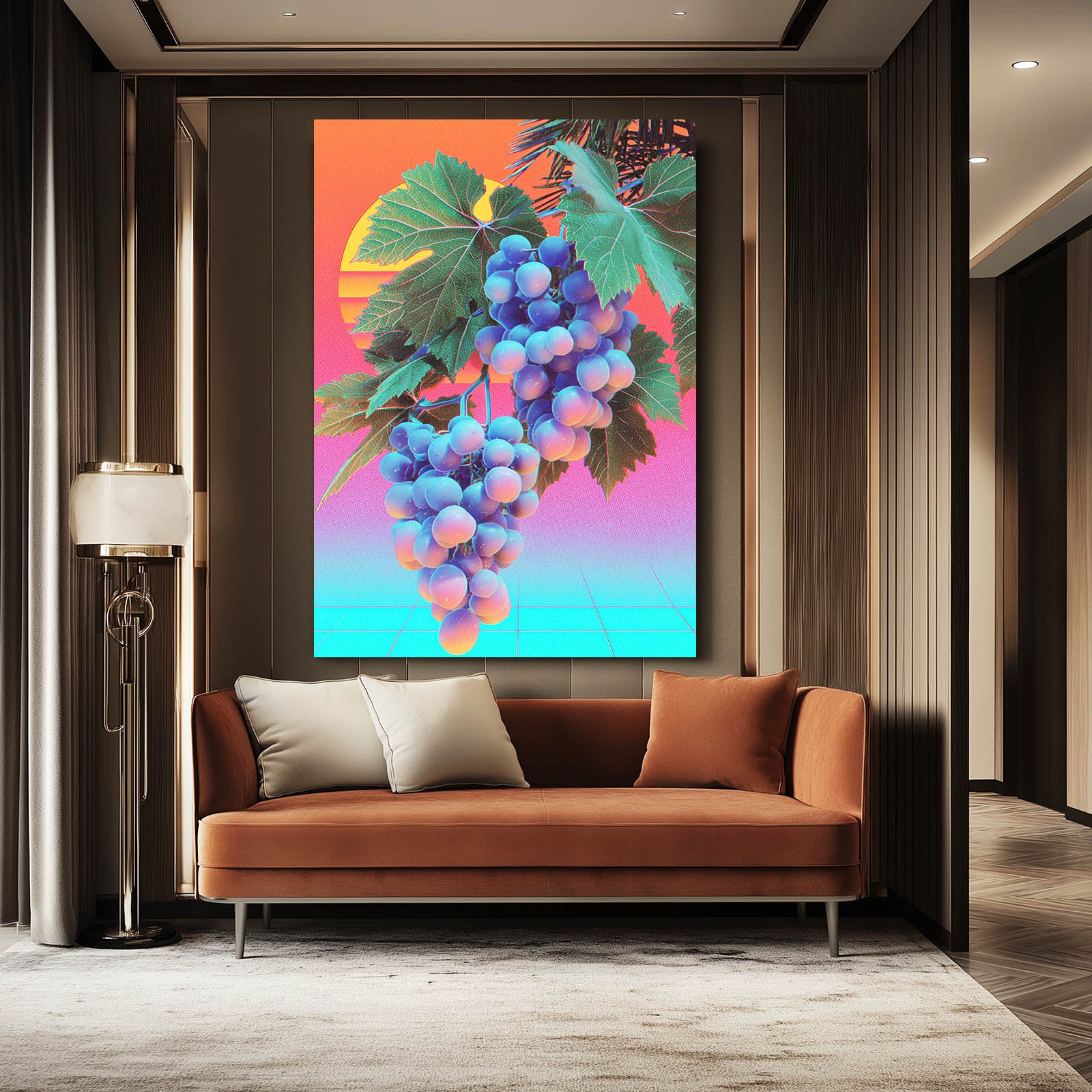 Neon Grape Bunch Fruit Canvas – styled in a furnished interior
