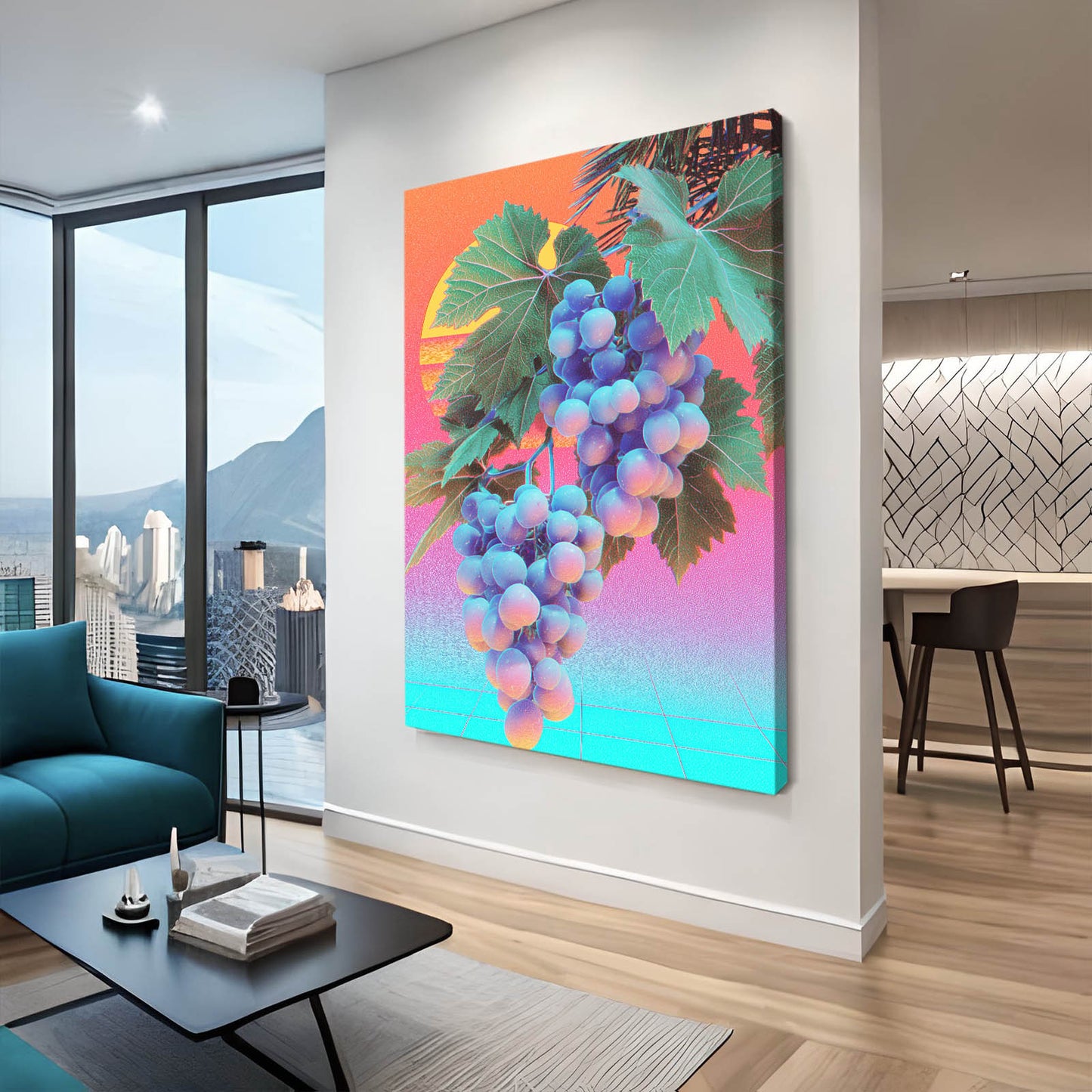 Neon Grape Bunch Fruit Canvas – styled in a furnished interior
