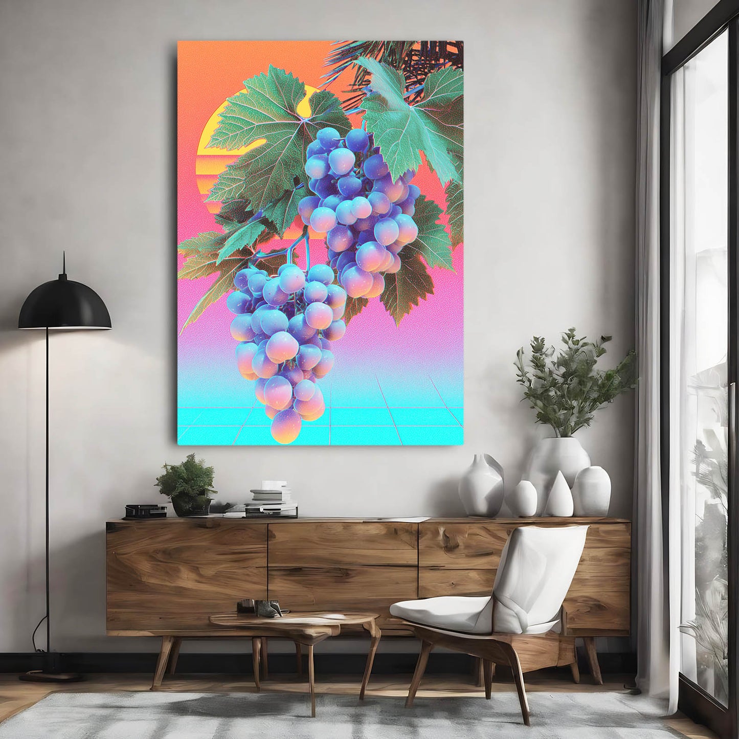 Neon Grape Bunch Fruit Canvas – styled in a furnished interior