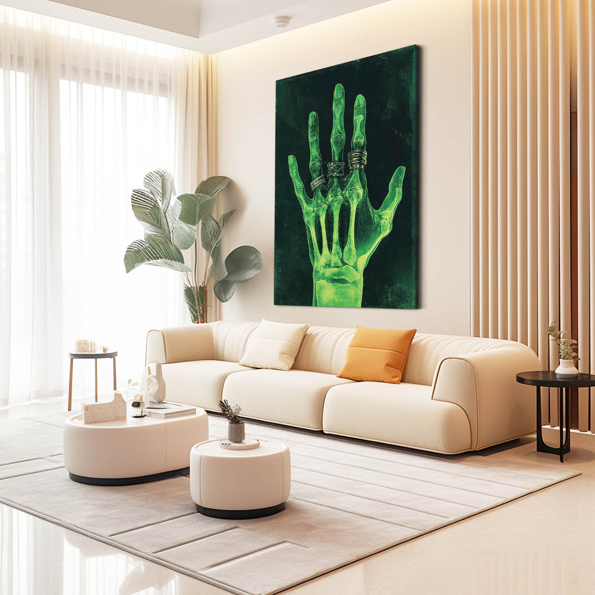 Neon Green X-Ray Hand Wall Art — contemporary canvas print, styled in a furnished interior