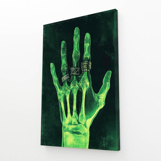 Neon Green X-Ray Hand Wall Art — contemporary canvas print, angled canvas view on white background